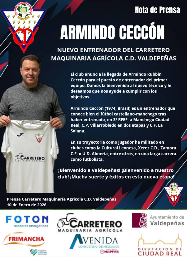 🚨Armindo Ceccón es el nuevo entrenador que se hará cargo del Carretero  Maquinaría Agrícola C.D. Valdepeñas en este inicio de la segunda vuelta de  competición. Mucha suerte @armiceccon y bienvenido a nuestro