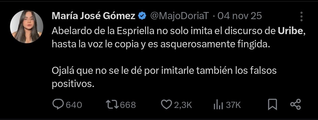 Entonces esta vieja <a href="/MajoDoriaT/">María José Gómez</a> dice que <a href="/AlvaroUribeVel/">Álvaro Uribe Vélez</a> la acosa pero entra uno al perfil y se da cuenta que lo menciona mas de 500 veces en 3 años, entra uno al perfil de uribe y ni por sospecha la mencionan. ¿Quien hostiga a quien? <a href="/DonIzquierdo_/">David Rozo</a> <a href="/FisicoImpuro/">Físico Impuro</a> <a href="/carlosmpat/">Carlos Mario Patiño G.</a> 🤡