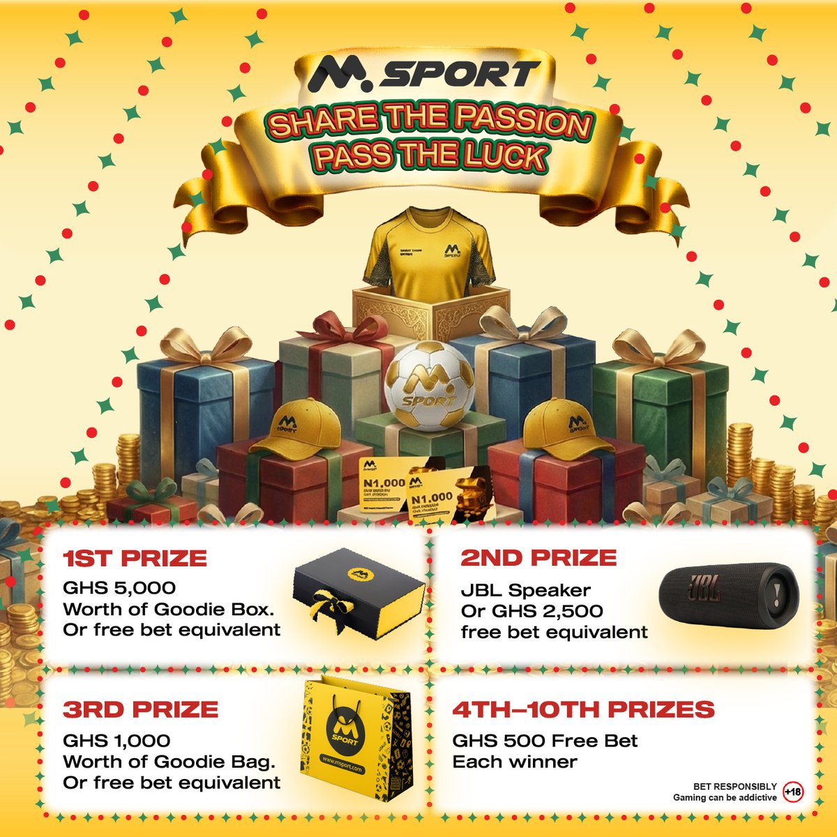 MSportGhana's tweet image. Two days to go and the spotlight is on creativity.
The most original MSport moments are rising to the top.

Here’s how to stay in the game:
📸Post MSport-themed festive highlights
🤝 Tag @MSportGhana  and pass the luck to 2 friends
🏷️Use #MSportPassTheLuck #MSportShareThePassion…