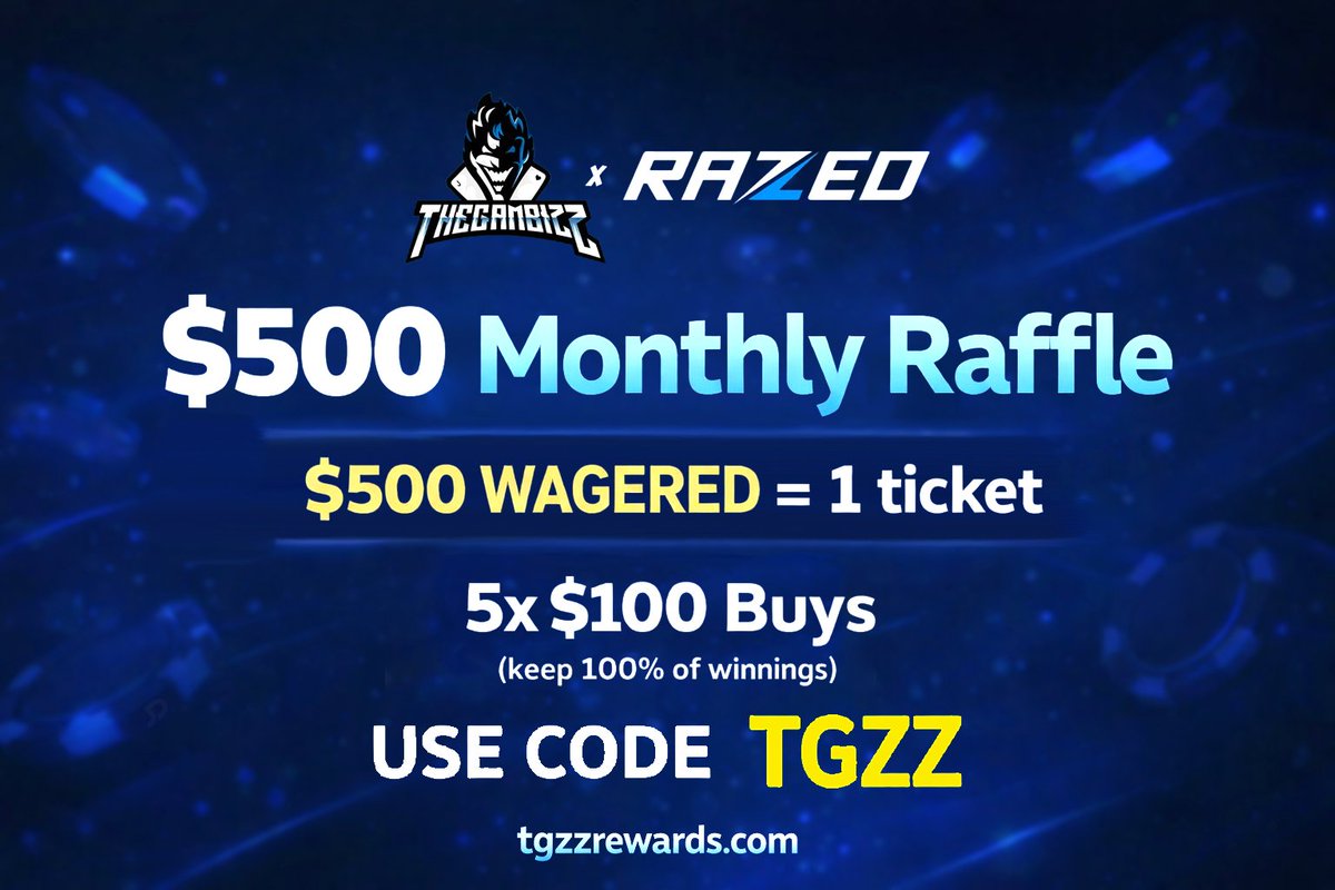 🎟️ $500 MONTHLY WAGER RAFFLE  ON RAZED🎟️
$500 wagered = 1 ticket
5x $100 Bonus Buys
Use code TGZZ <a href="/Razedcom/">Razed</a> 

🎁 $25 GIVEAWAY 🎁
• Follow @thegambizz
• Tag 2 friends
- $50 if you tag a raffle winner
⏰Rolling monthly