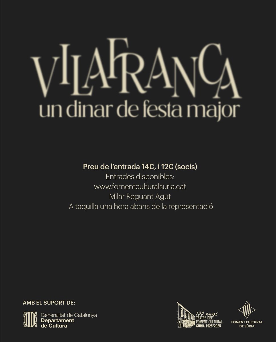 Com cada Sant Sebastià, teatre al Foment 🙌🏽 Us presentem ‘Vilafranca, un dinar de festa major’! 

🎭 dimarts, 20 de gener (St. Sebastià) • 18 h
🎭 diumenge, 25 de gener • 18 h
🎭 dissabte, 31 de gener • 18 h
🎭 diumenge, 1 de febrer • 18 h 

🎟️ entrades.fomentculturalsuria.cat