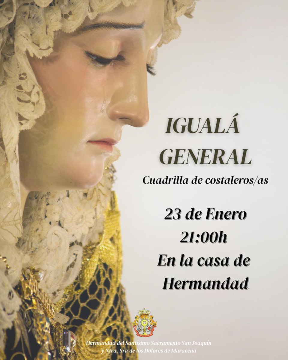 📢 IGUALÁ GENERAL 📢

La Hermandad convoca a todos los costaleros y costaleras a la Igualá General y presentación del Cuerpo de Capataces. 

Animos a aquellos que quieran unirse al cuerpo de costaleros y costaleras a acudir ese día. 

¡Os esperamos!