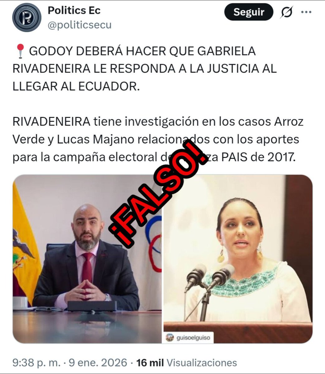 EcuadorFakeNews's tweet photo. #Fake
Gabriela Rivadeneira no tiene ningún proceso judicial abierto en Ecuador, puede regresar al país
#NoComasCuento https://t.co/9omFoIYIeg