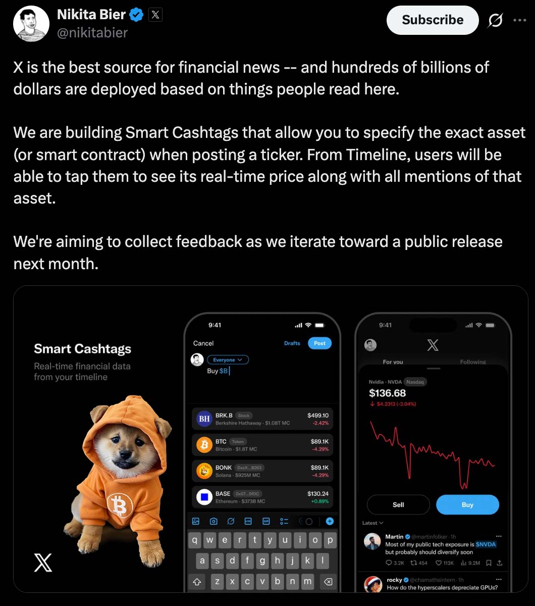 🚨JUST IN: @nikitabier announces upcoming @X smart cash-tags for crypto  assets with potential hints of future self-custodial wallet support and CEX  trading. (Note: X has 700+ Million users globally, bigger than @Binance