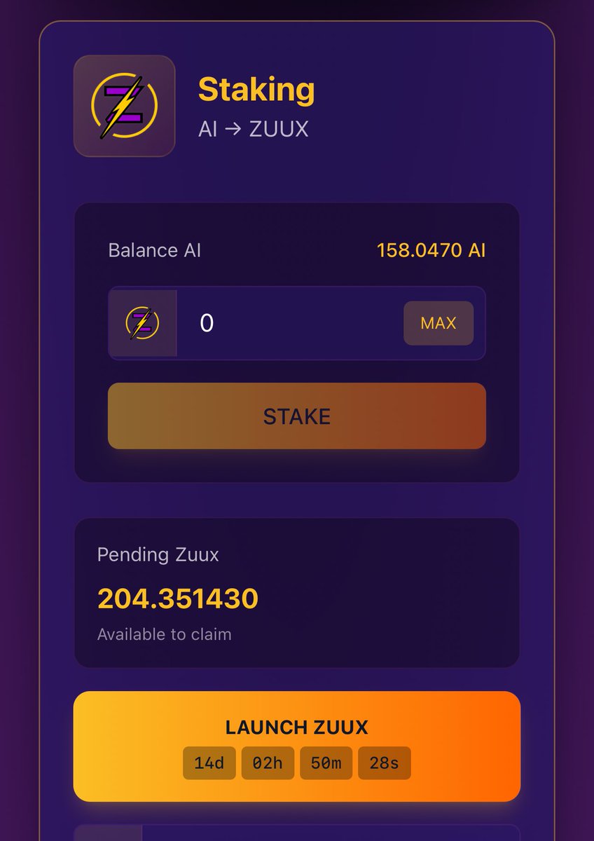 You can now generate $ZUUX in the alpha Index staking

Buy $USDC on the <a href="/base/">Base</a> network

Enter the link AI.zuux.network

Buy the $AI with $USDC

Then go to the staking part and deposit the $AI and receive $sAI and generate a 35% APR in $ZUUX