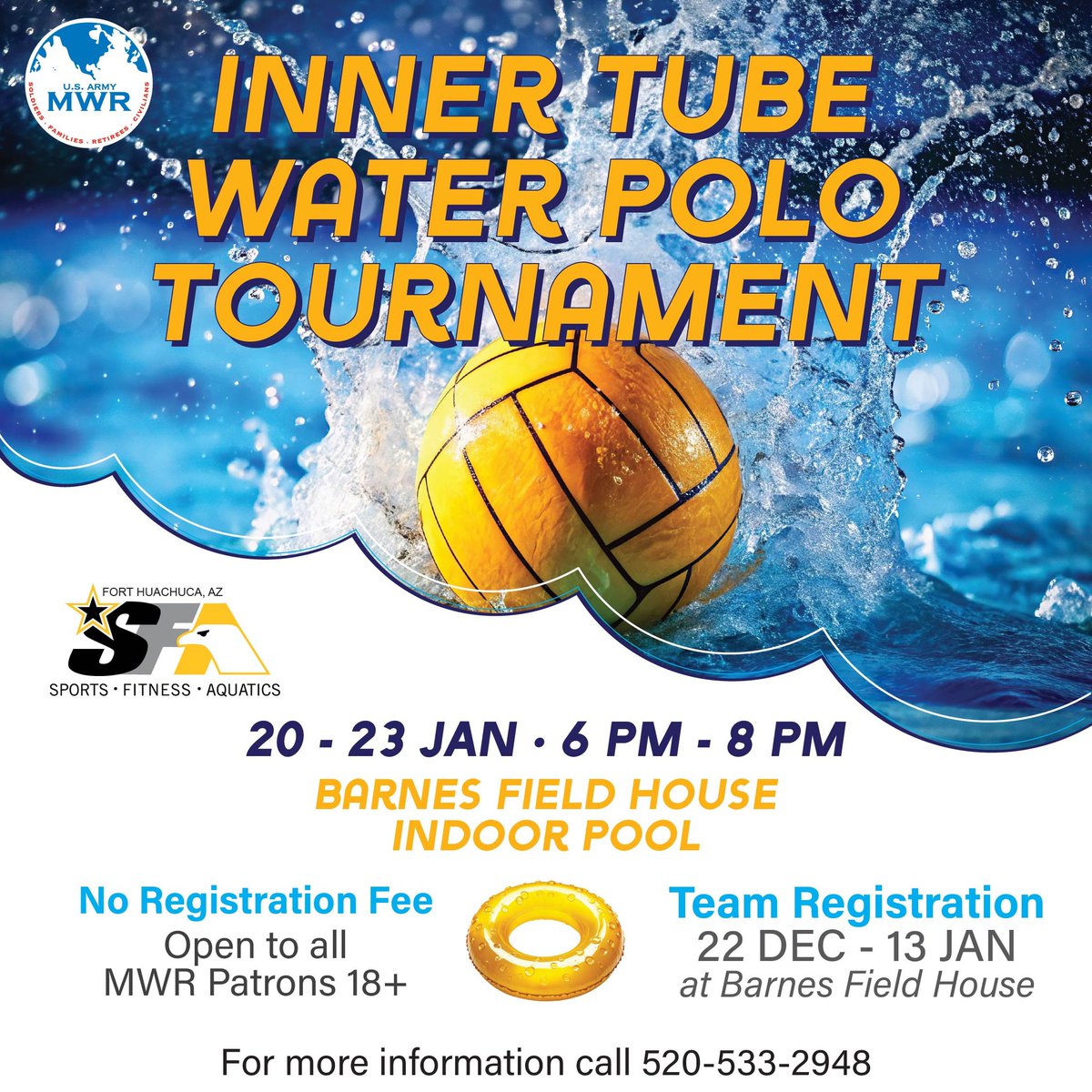 MWRHuachuca's tweet photo. Ready to make a splash? Registration for our Inner Tube Water Polo tournament is OPEN NOW! No prior water polo experience is needed-just a willingness to have a good time. Grab your team and register at 520-533-2948 TODAY! https://t.co/vzolpXSbT4