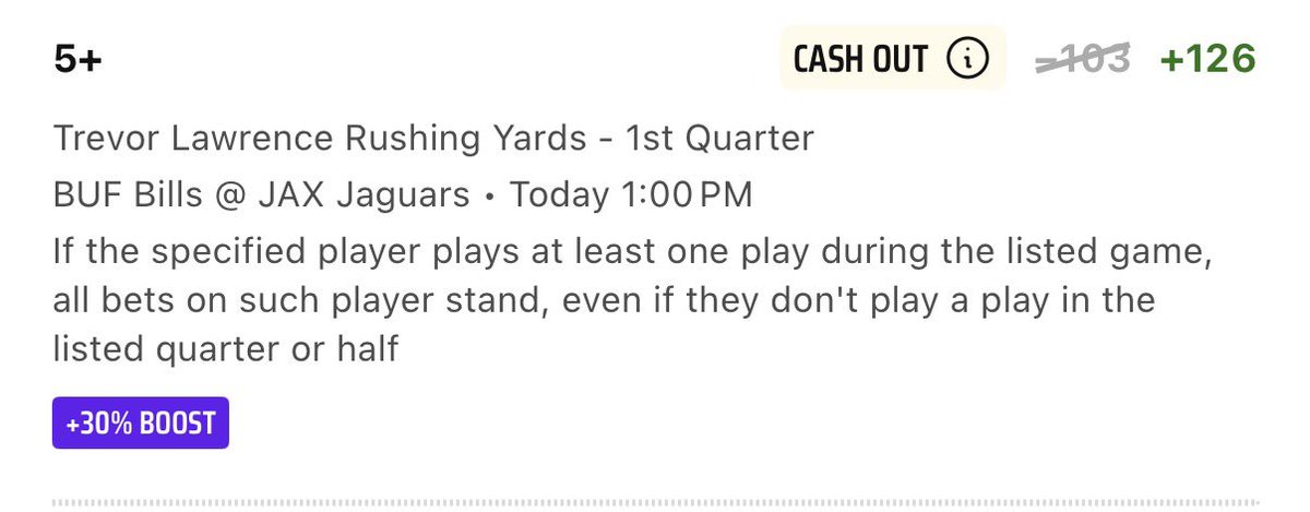 ZoneInSports's tweet image. DraftKings Flash Boost 🚨🏈🚨
NFL Bills @ Jaguars 1st Quarter props 30% boost

Trevor Lawrence 5+ rushing yards up to +126

#DraftKings #NFL #DKVIP