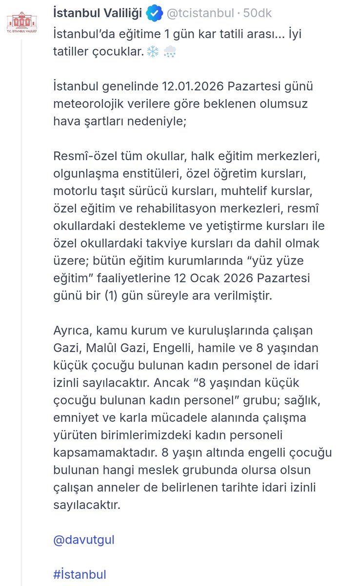BU AYRIMCILIĞA BİR SON VERİLSİN ARTIK! 

İstanbul'da beklenen yoğun kar yağışı nedeniyle Valilik okulları tatil etme kararı aldı, aldı almasına da sağlık emekçisi anneler yine idari izin kararında HARİÇ tutuldu!

Yetti ya. Ek ödeme yayınlanır, sağlıkçı dışı, öteki, beriki. İdari