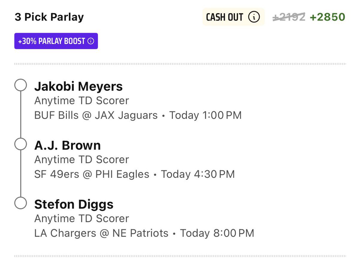 ZoneInSports's tweet image. NFL 🏈 TD scorer plays today

Bills/Jags 2 leg SGP Allen and Lawrence both for 2+ longshot at +8074 on FanDuel
3 leg anytime TD scorer parlay +25% boost up to +6456/FD
3 leg Touchdown parlay +30% boost up to +2850 on DraftKings

First TD
Etienne +550
Barkley +490
Hooper +2800