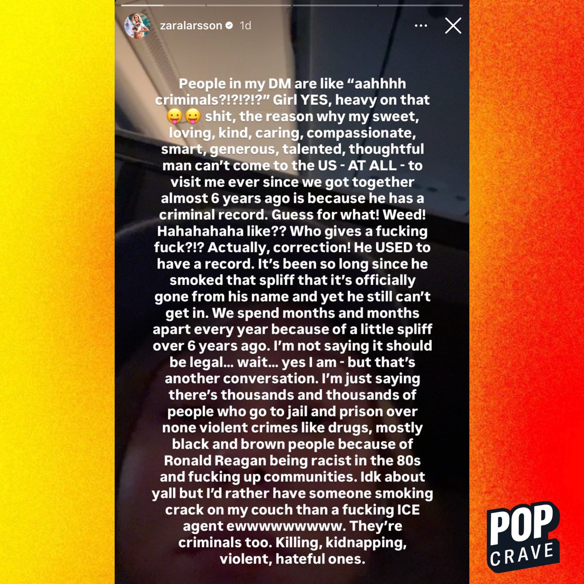 PopCrave's tweet image. Zara Larsson defends her post condemning ICE after receiving backlash.