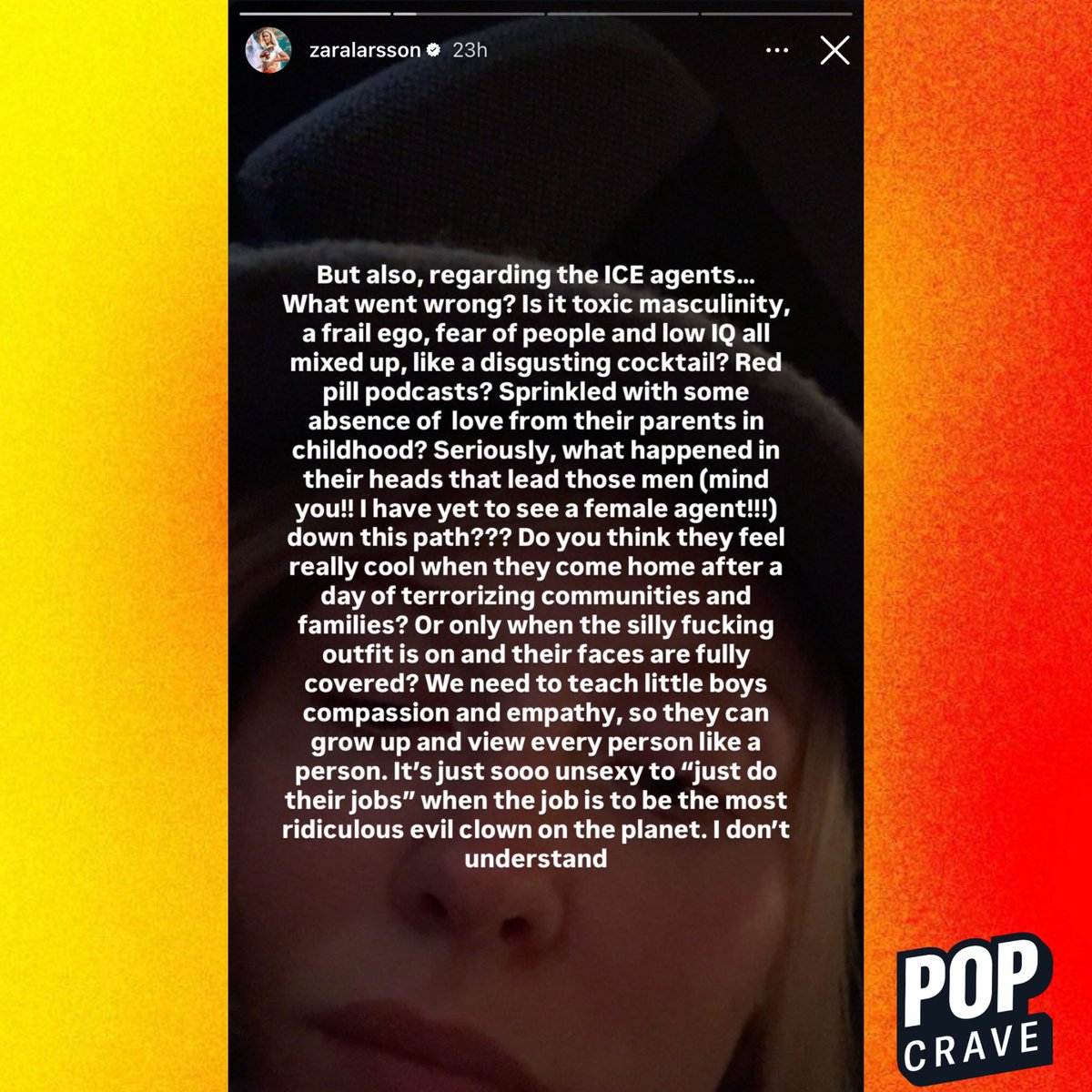 PopCrave's tweet image. Zara Larsson defends her post condemning ICE after receiving backlash.