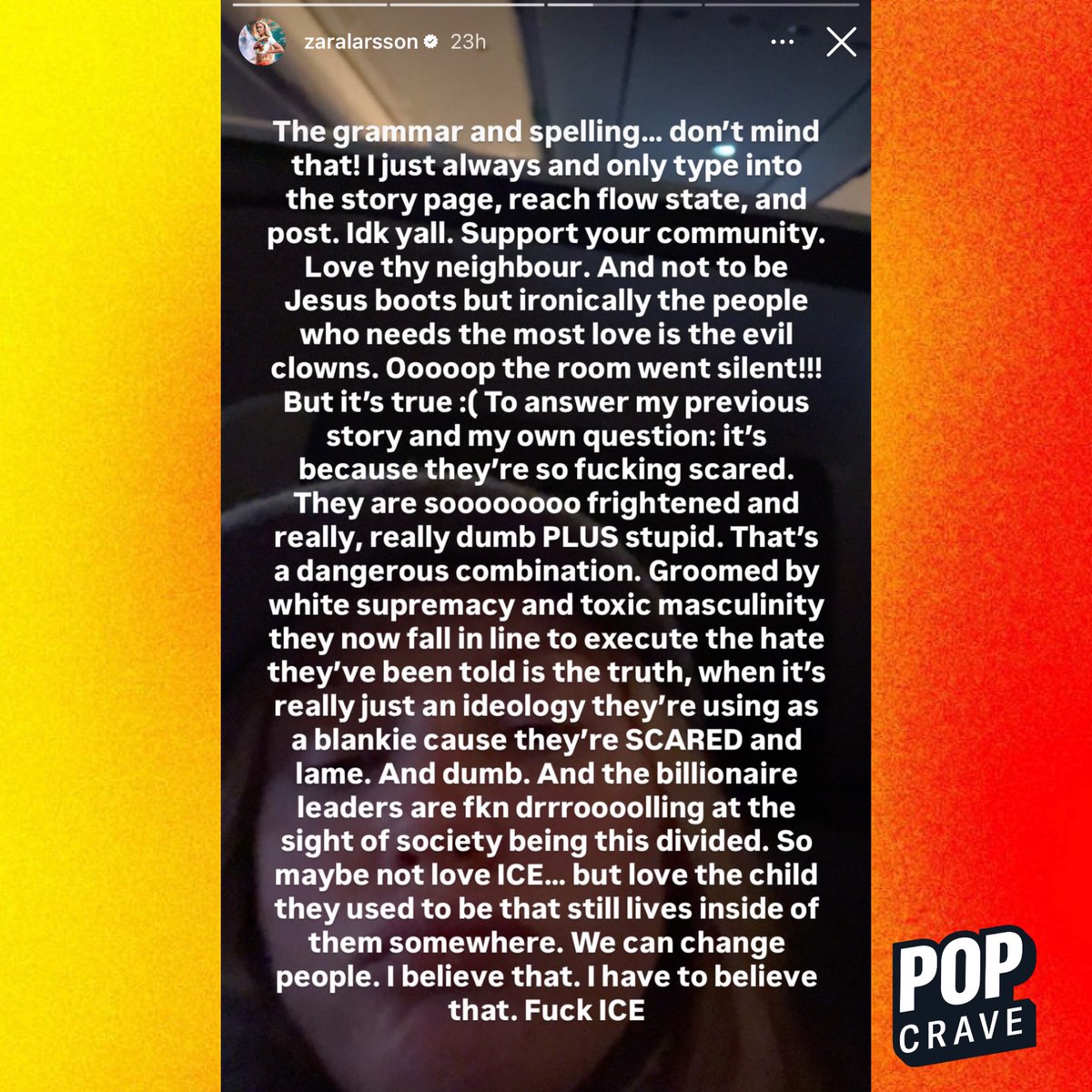 PopCrave's tweet image. Zara Larsson defends her post condemning ICE after receiving backlash.