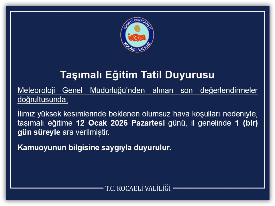 📣📣Taşımalı Eğitim Tatil Duyurusu

<a href="/tcmeb/">Millî Eğitim Bakanlığı</a> <a href="/kocaelivaliligi/">TC Kocaeli Valiliği</a> <a href="/emrullahaydin25/">Emrullah Aydın</a>