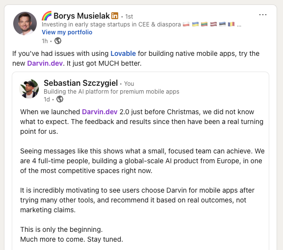 Try Darvin.dev for native mobile apps!

#VibeCoding #AI #NoCode #Lovable #MobileApps #GooglePlay #AppStore #iOS #Android
