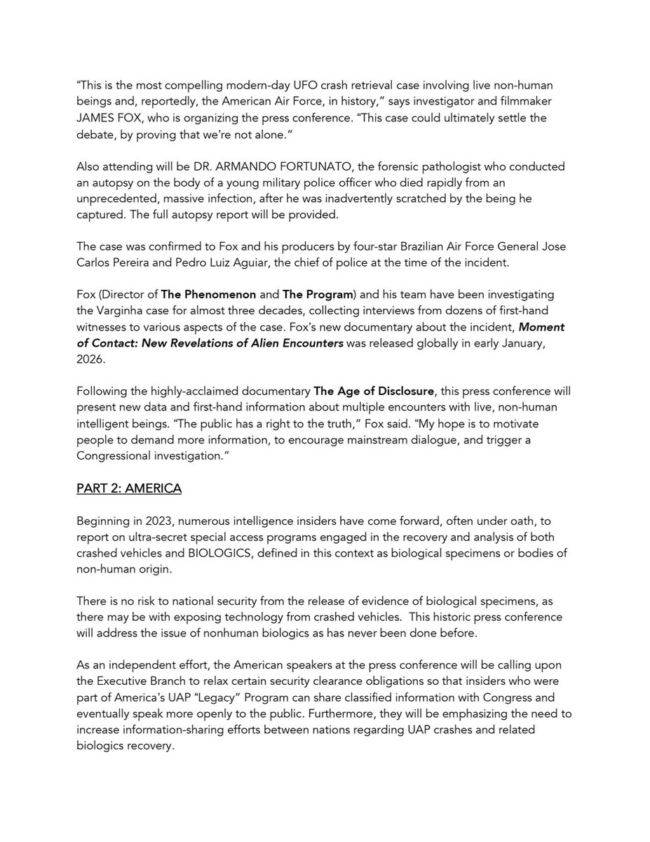 jamescfox's tweet image. Full press release for our big UAP event in Washington, DC, January 20th at the National Press Club from 11:00 am to 1:30pm. We had to move mountains and walk on water to make this happen. Please help spread this around the globe.