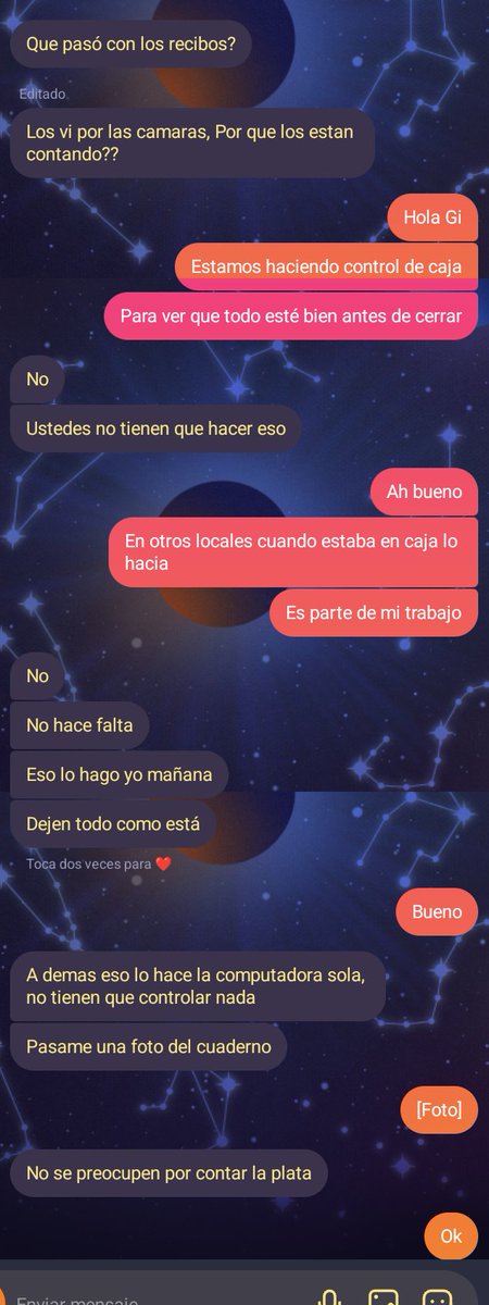 Lain_lev's tweet image. Unas horas antes del cierre mi compañero y yo nos pusimos a hacer control de caja, 
No pasó 1min desde que empezamos y la jefa manda los siguientes mensajes. Nos quedamos molestos porque fue re d ela nada y nos hizo sentir como si hiciéramos algo mal
🤌🏼🤌🏼