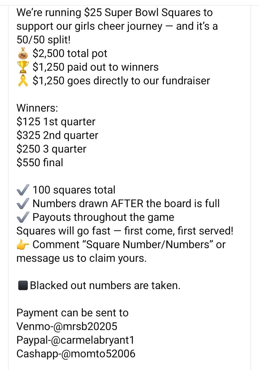 HogfarmerChris's tweet image. Commanders Nation, calling in a favor!

My girls are fundraising for cheer with Super Bowl squares and I’m still sitting on about 60 left 😅

If you’re feeling generous, grab a square or two and help us close it out.

Appreciate y’all!
#RaiseHail