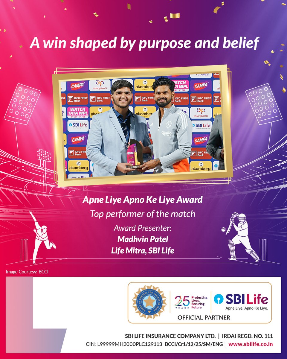 Belief drove the results. Focus created an impact. SBI Life - Life Mitra Madhvin Patel presented Apne Liye. Apno Ke Liye. Award for the performance that left a mark and inspired the team.​

[INDvsNZ, Team India, ODI Series, BCCI, SBI Life, Apne Liye Apno Ke Liye]
