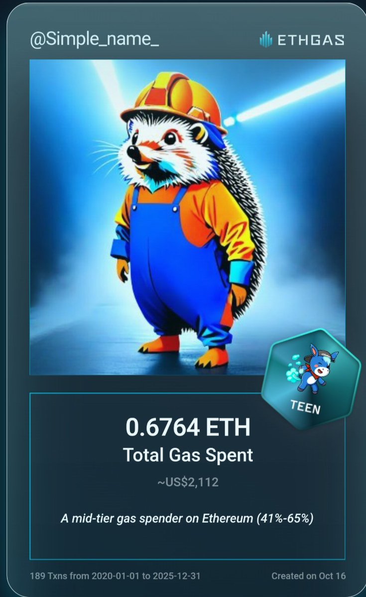 Simple_name_'s tweet image. Just unlocked my Gas ID via ETHGas 🪪

I'm a Teen Jack with 0.6764 ETH spent on gas since Beacon Chain - now fueling my climb to the Gasless Future and earned 240 Beans already. 

Reveal yours at ethgas.com/community/gas-…