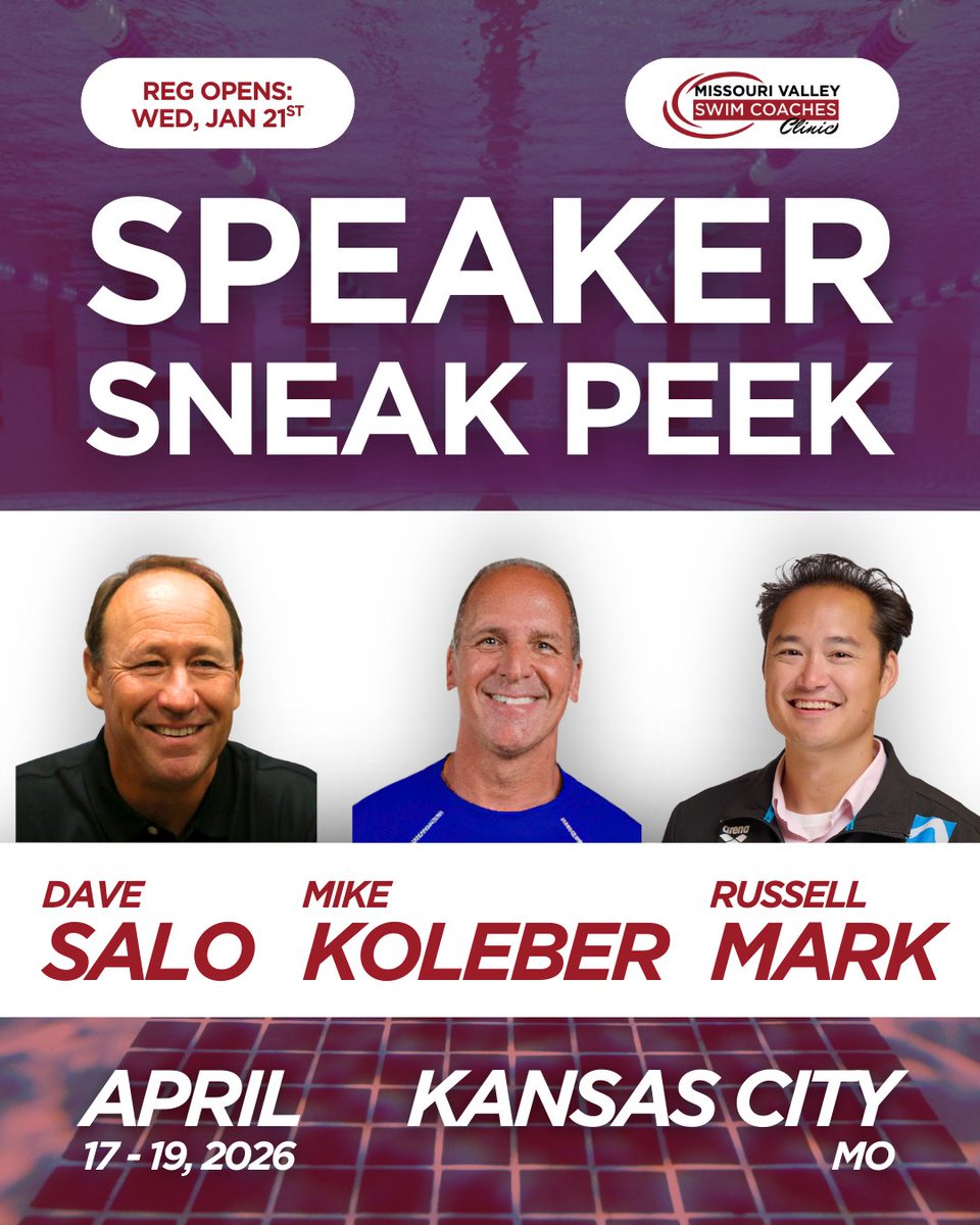 We've got an awesome lineup of speakers coming out to Missouri Valley in April! Get ready to learn on and off deck from:
🔴 🟡 Dave Salo, Associate Head Coach at ASU
🟠 🔵 Mike Koleber, Head Coach of Nitro Swim Team
🔴 🔵 Russell Mark, ASCA Performance and Education Advisor