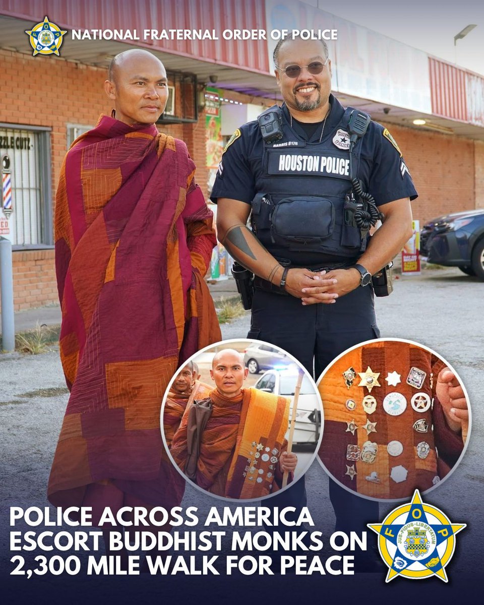 GLFOP's tweet image. As 24 Buddhist monks make a 2,300 mile Walk for Peace across the United States, law enforcement agencies along their route have stepped in to protect them and show respect for their mission. In city after city, officers escort the monks safely and, in many cases, offer official…