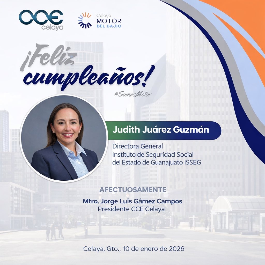 Envío un afectuoso abrazo a <a href="/JudithJuarezGz/">Judith Juárez Guzmán</a>, Directora General de <a href="/issegente/">ISSEG</a>, con motivo de su cumpleaños. Deseándole un nuevo año de vida lleno de éxitos y muchas bendiciones. 

¡Muchas felicidades, Directora!