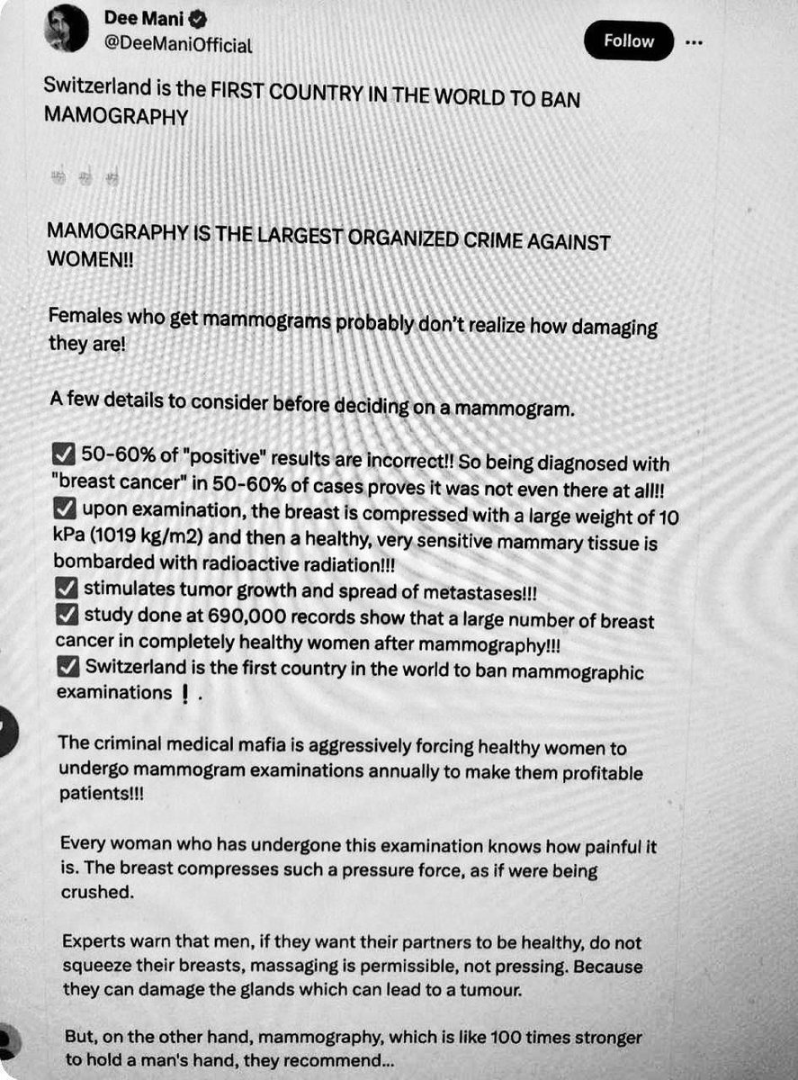 🚨🚨Suiza es el primer país del mundo en prohibir las mamografías..
Los servicios de detección también están suspendidos en partes de Canadá, Italia, Escocia y Australia...
🚨Todos los medios heredados que afirman que esto es falso están probablemente vendidos al cártel