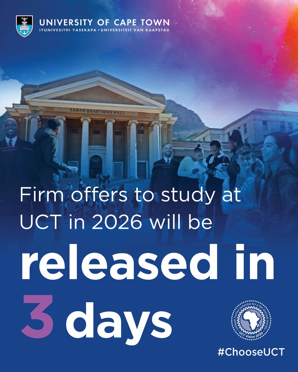 UCT_news's tweet image. Three days stand between you and your dream of being a UCT student!

Firm offers for study from UCT in 2026 will be released on 14 January 2026 at 16:00. Keep an eye on your SMS and email for details on how to accept your firm offer online. #ChooseUCT
