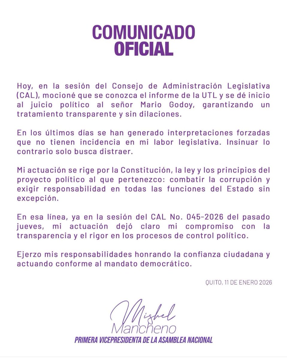 Respaldamos la actuación firme de <a href="/mishelmanchenok/">Mishel Mancheno</a> en el CAL. El control político requiere transparencia y decisión para combatir la corrupción. #Transparencia #Ecuador 🇪🇨