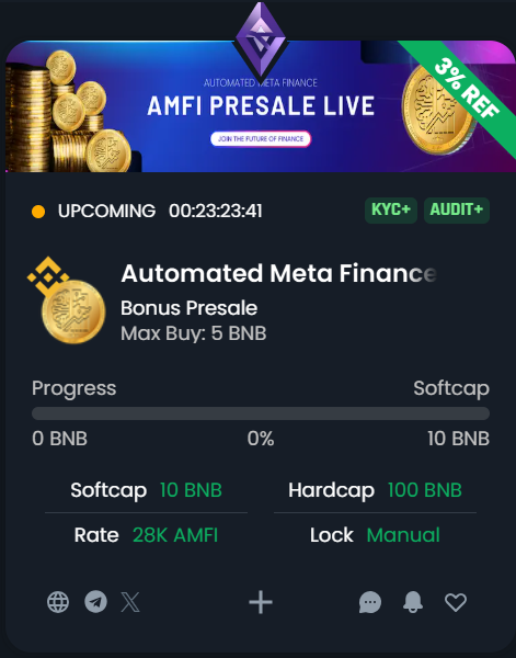 🚨 $AMFI BONUS PRESALE IS LIVE ON GEMPAD RIGHT NOW! 🔥
Epic early rate: 28,000 AMFI per 1 BNB 
Max Buy: 5 BNB | Softcap: 10 BNB | Hardcap: 100 BNB
KYC &amp; Audit verified by SolidProof ✅ 
Progress: Just starting – get in early before it fills up fast!
👉 Jump in &amp; secure your bag: