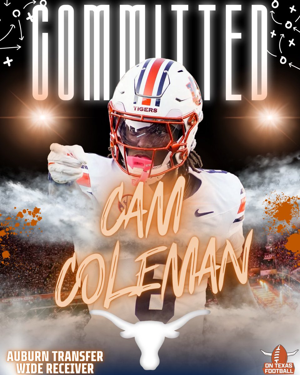 ontexasfootball's tweet image. BOOM BOOM BOOM!!!! 🤘🤘🤘

#Auburn transfer wide receiver Cam Coleman has committed to #Texas. 

Let’s go!!!!
