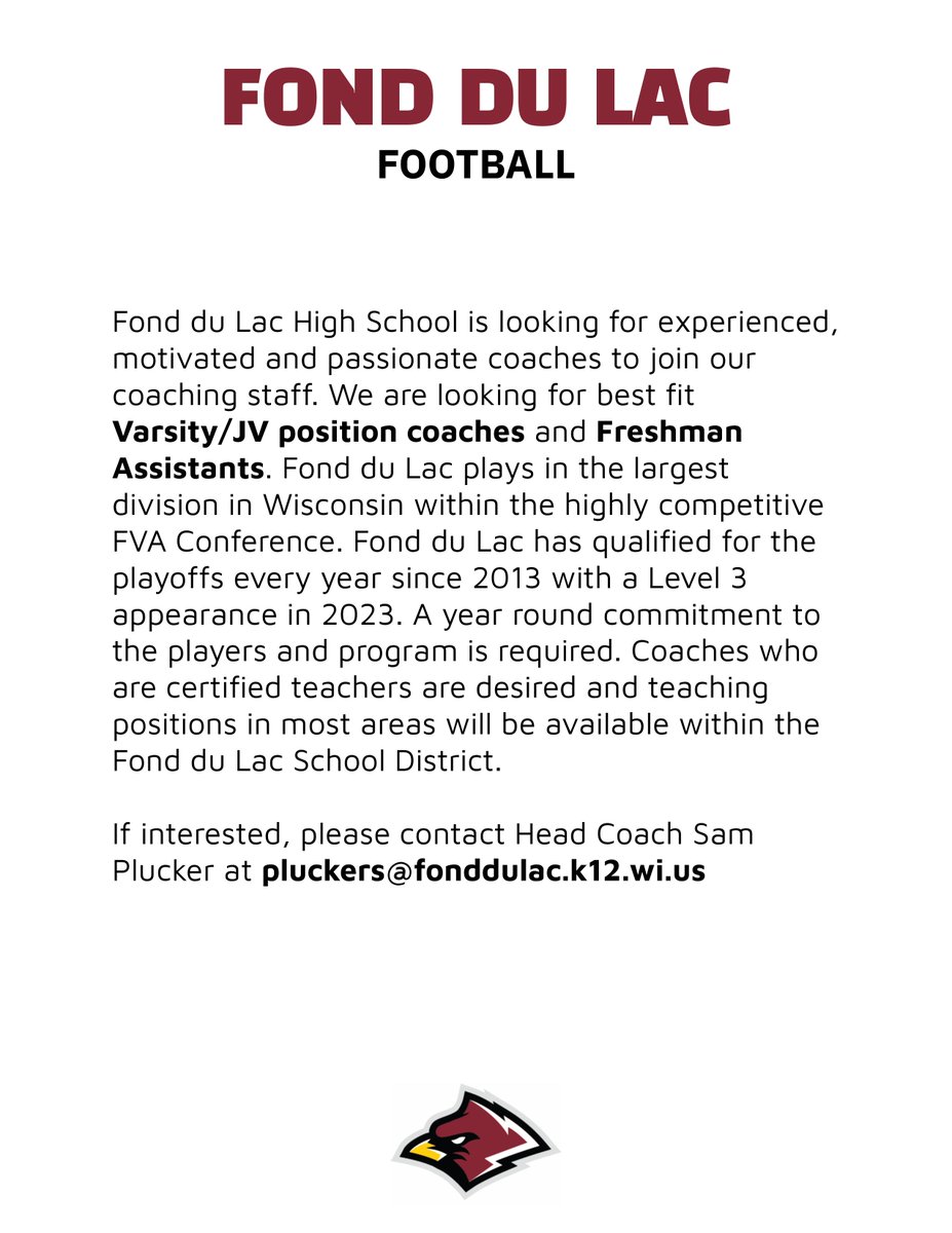 Fond du Lac football <a href="/FondyFB/">Fond du Lac Football</a> is HIRING COACHES! 

Openings Include : Varsity/JV Position Coaches &amp; Freshman Assistant Coaches

GREAT KIDS, GREAT ADMIN AND TONS OF COMMUNITY SUPPORT!

Contact me ASAP if interested!

<a href="/TravisBOUND/">Travis Wilson</a> <a href="/FootballScoop/">FootballScoop</a> <a href="/wifca/">WiFCA</a>
