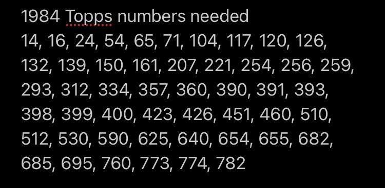 BloggerTubbs's tweet image. I’m getting close to completing the 1984 Topps baseball set. Below are the numbers I’m missing. Any help is massively appreciated!