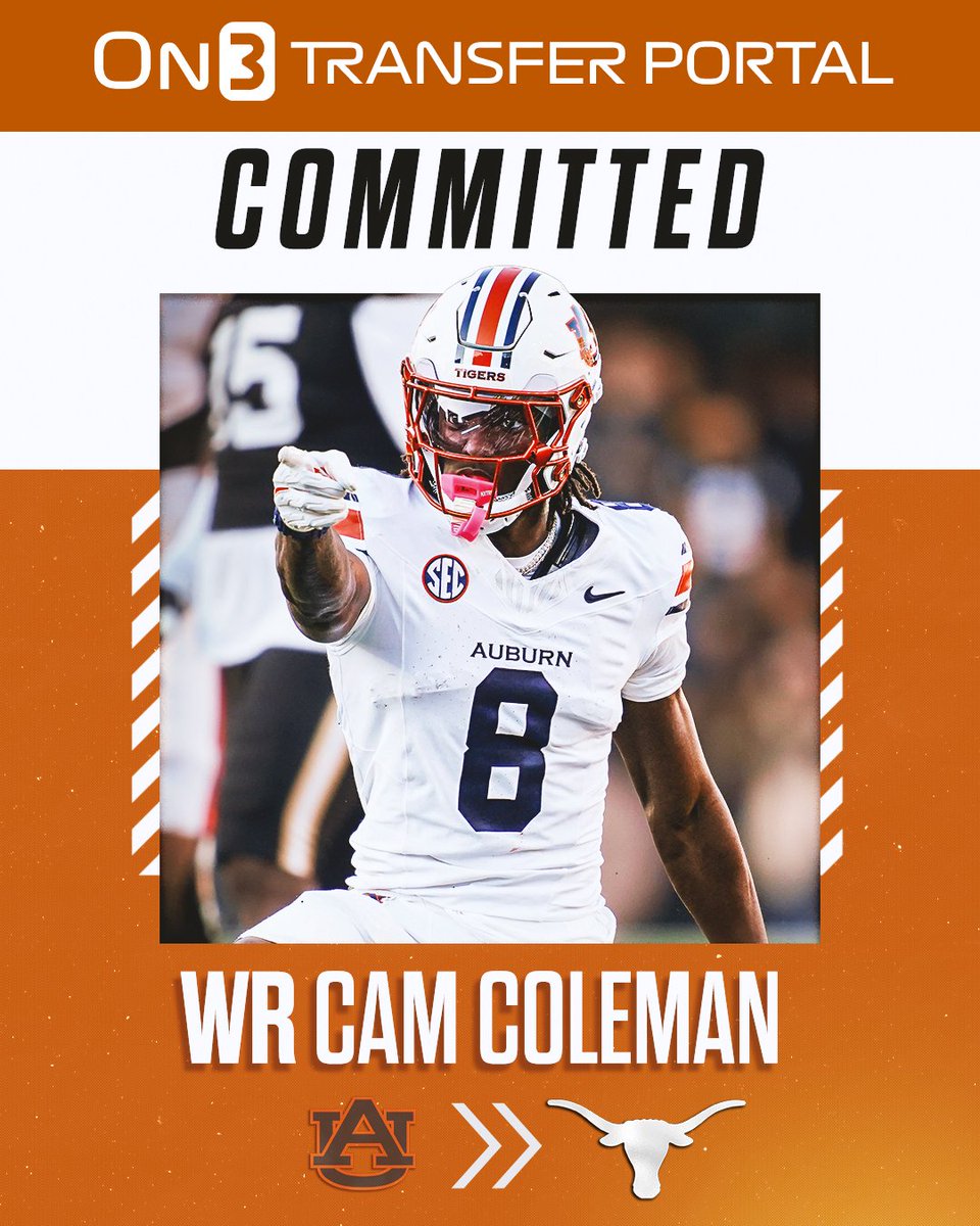 On3sports's tweet image. BREAKING: Auburn transfer WR Cam Coleman has committed to Texas, he announced🤘

on3.com/news/former-au…