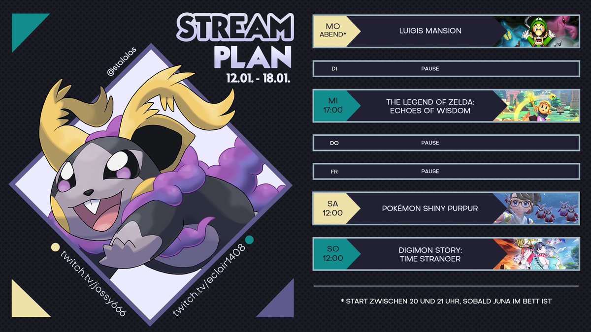 💜 STREAMPLAN! 💜 
Nächste Woche wird Schloss Hyrule in Zelda: Echoes of Wisdom gestürmt, und in Digimon Story gibt es mehr Endgame Sidequests, weil ich heute nicht alle geschafft habe, ups °-°
Ich hoffe, ihr seid wieder dabei ♡