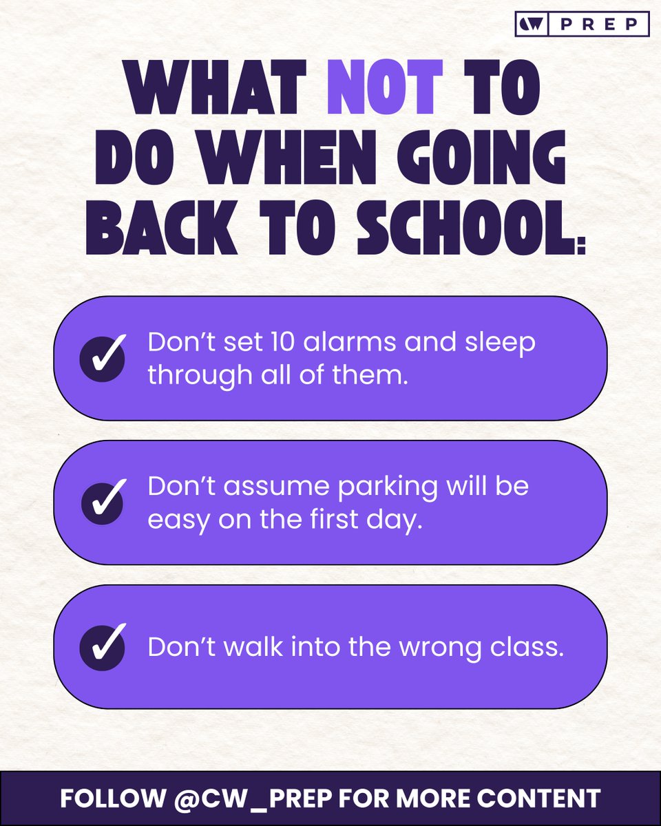 CW_Prep's tweet image. Hey CW PREP! With classes starting back, here are some tips of what NOT to do when going back to school. 📚  
 
#CwPrep #ChildWelfare #SocialWork #Kentucky #BackToSchool