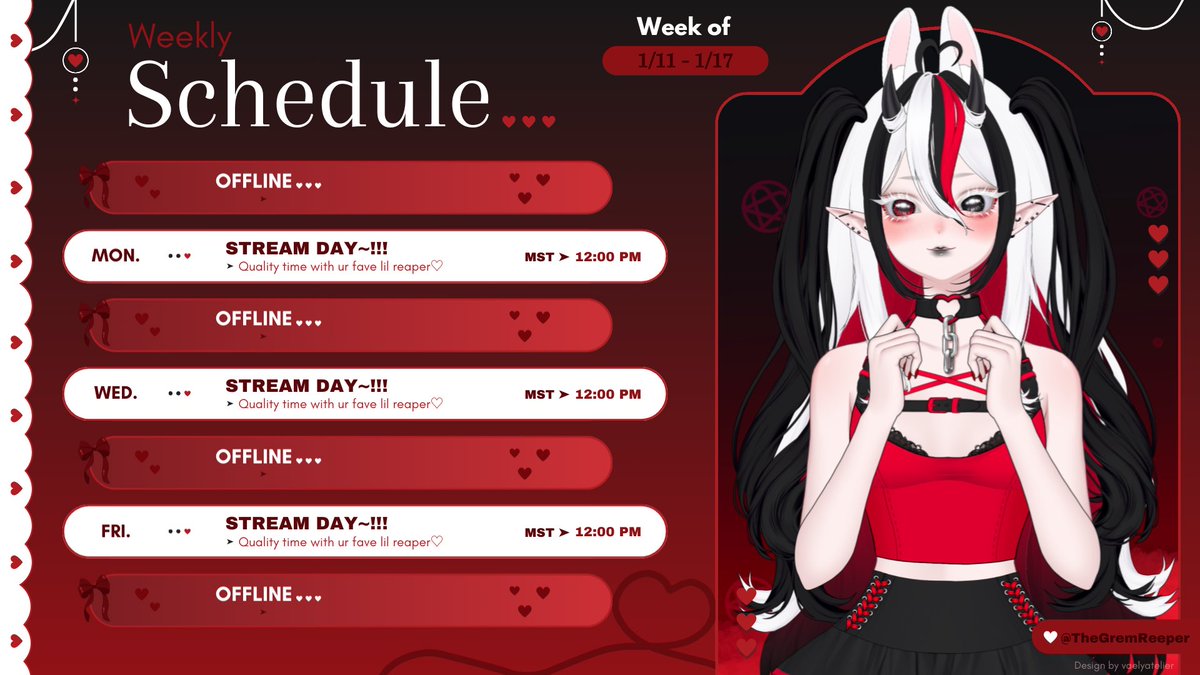 GASP a schedule?!? It's like it thinks it's a streamer or something𐔌՞. .՞𐦯

Bunch of collabs on the way over the next 2 weeks get ready yall~🖤🩸
