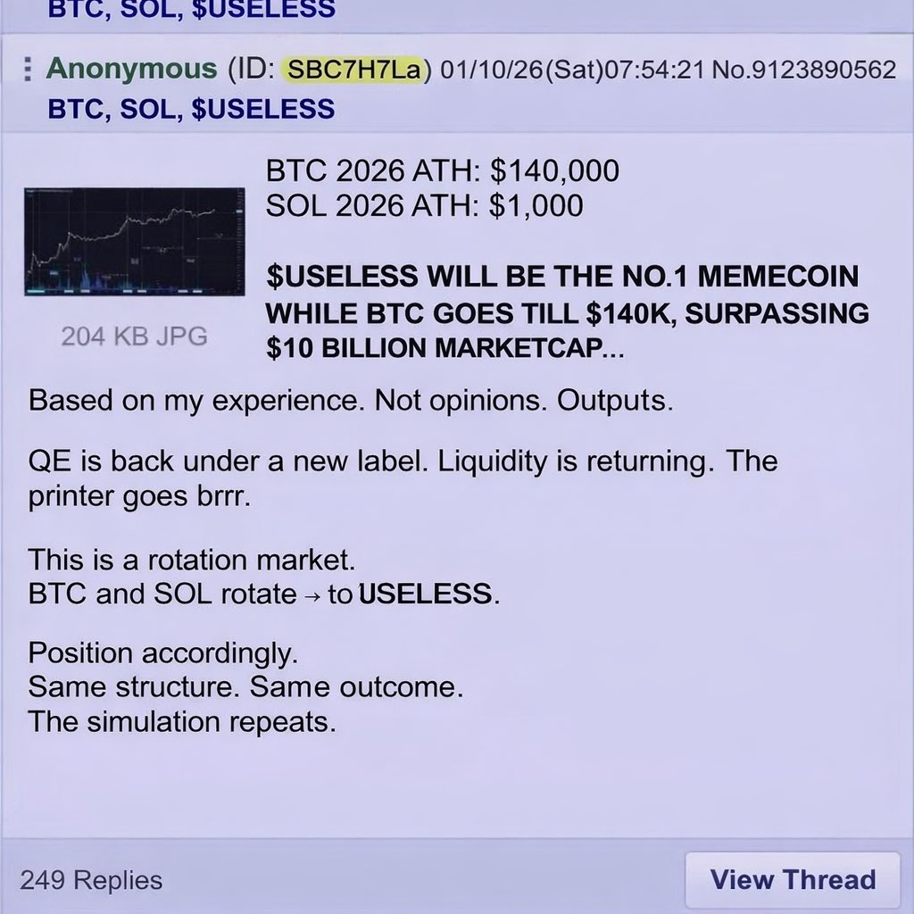 The famous 4Chan poster who has made many famous bitcoin predictions has  just posted again! This time he is calling for NEW ATHS on $USELESS - 10$  Will he be right again? 🤔