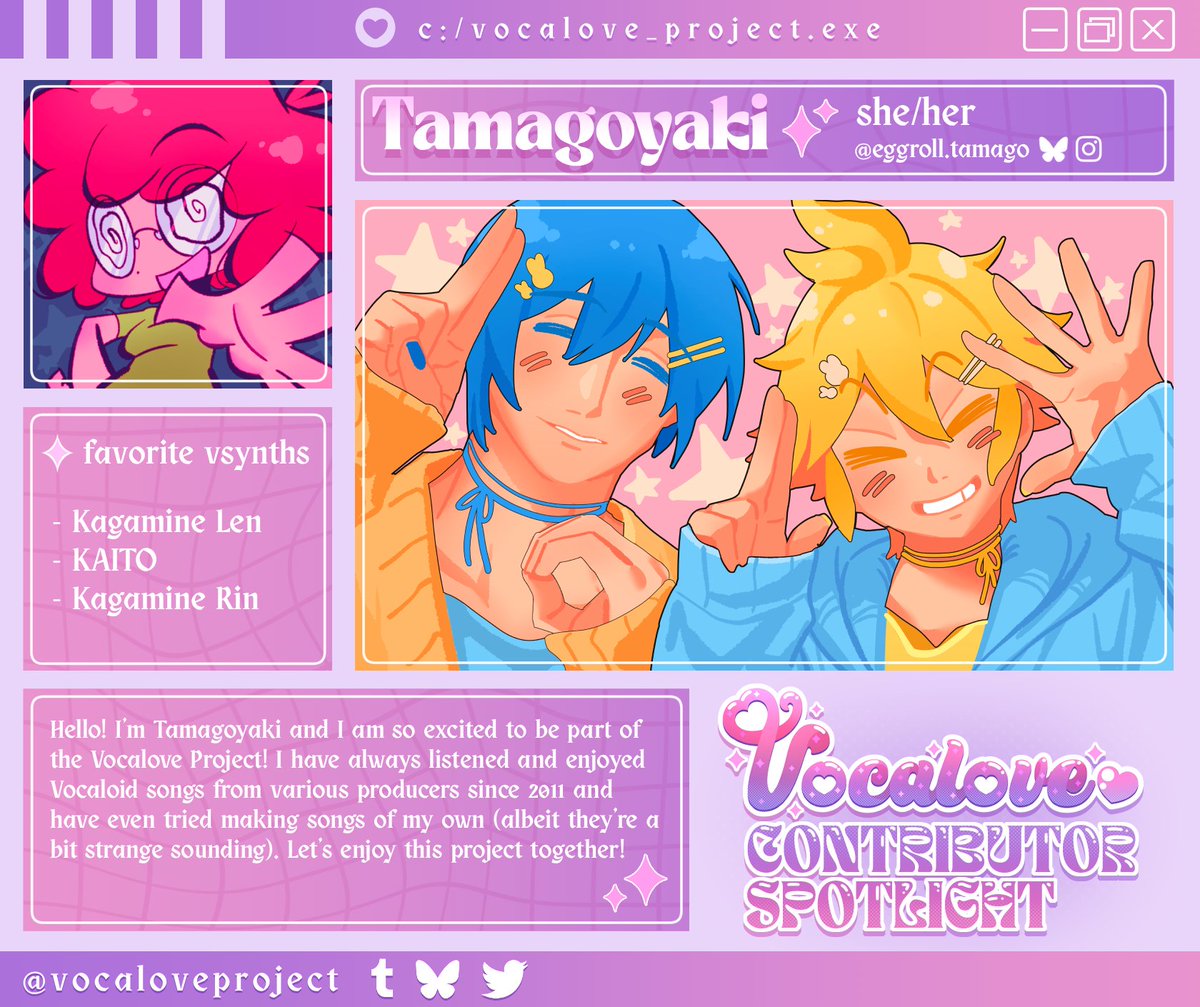 💜 𝗖𝗢𝗡𝗧𝗥𝗜𝗕𝗨𝗧𝗢𝗥 𝗦𝗣𝗢𝗧𝗟𝗜𝗚𝗛𝗧
Today we introduce our next contributor, Tamagoyaki!
Make sure to check their socials and support them ♡

🤍 [Bsky/IG] eggroll.tamago

#zinepromo #contributorspotlight
💌 vocaloveproject.tumblr.com