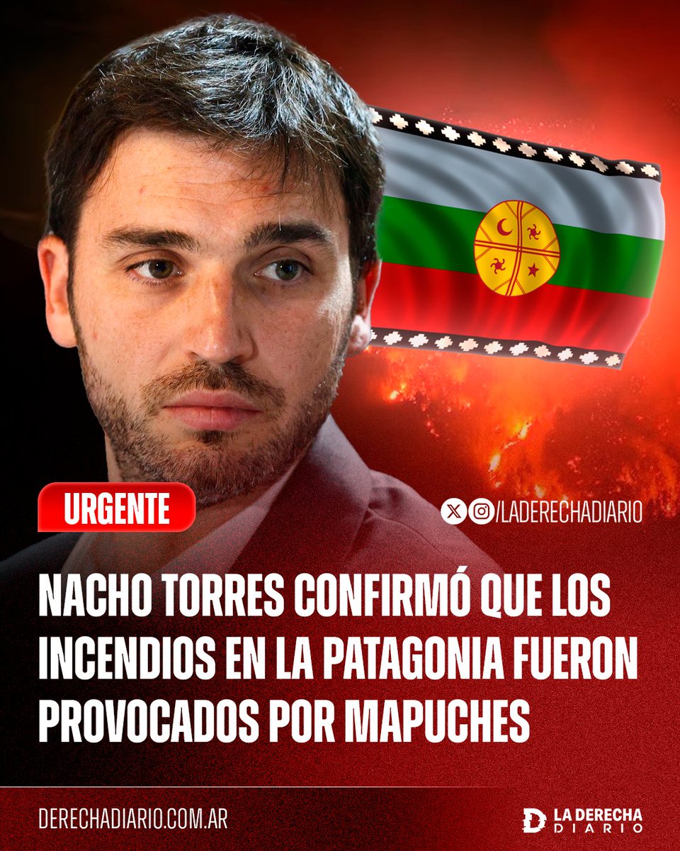 🚨🇦🇷🇨🇱 | El gobernador Ignacio Torres confirmó que los incendios en la Patagonia fueron provocados por terroristas autodenominados mapuches: "Son grupos violentos que se embanderan en falsas banderas originarias para cometer delitos y tomar tierras de manera ilegal".