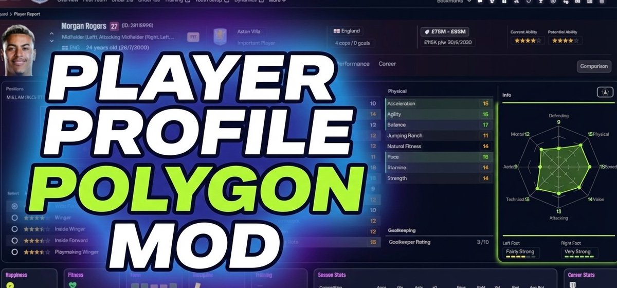 🛑 Polygone joueur

Ce mod « Profil de joueur polygonal » ajoute des polygones d'attributs ainsi que les avantages et les inconvénients à l'écran de profil d'un joueur dans Football Manager 26.

Liens sur <a href="/sortitoutsi/">Sort It Out SI.net</a> et <a href="/fmscout/">FM Scout</a> dans le tweet cité. 
Crédit : <a href="/LotsgonYT/">Lotsgon</a>