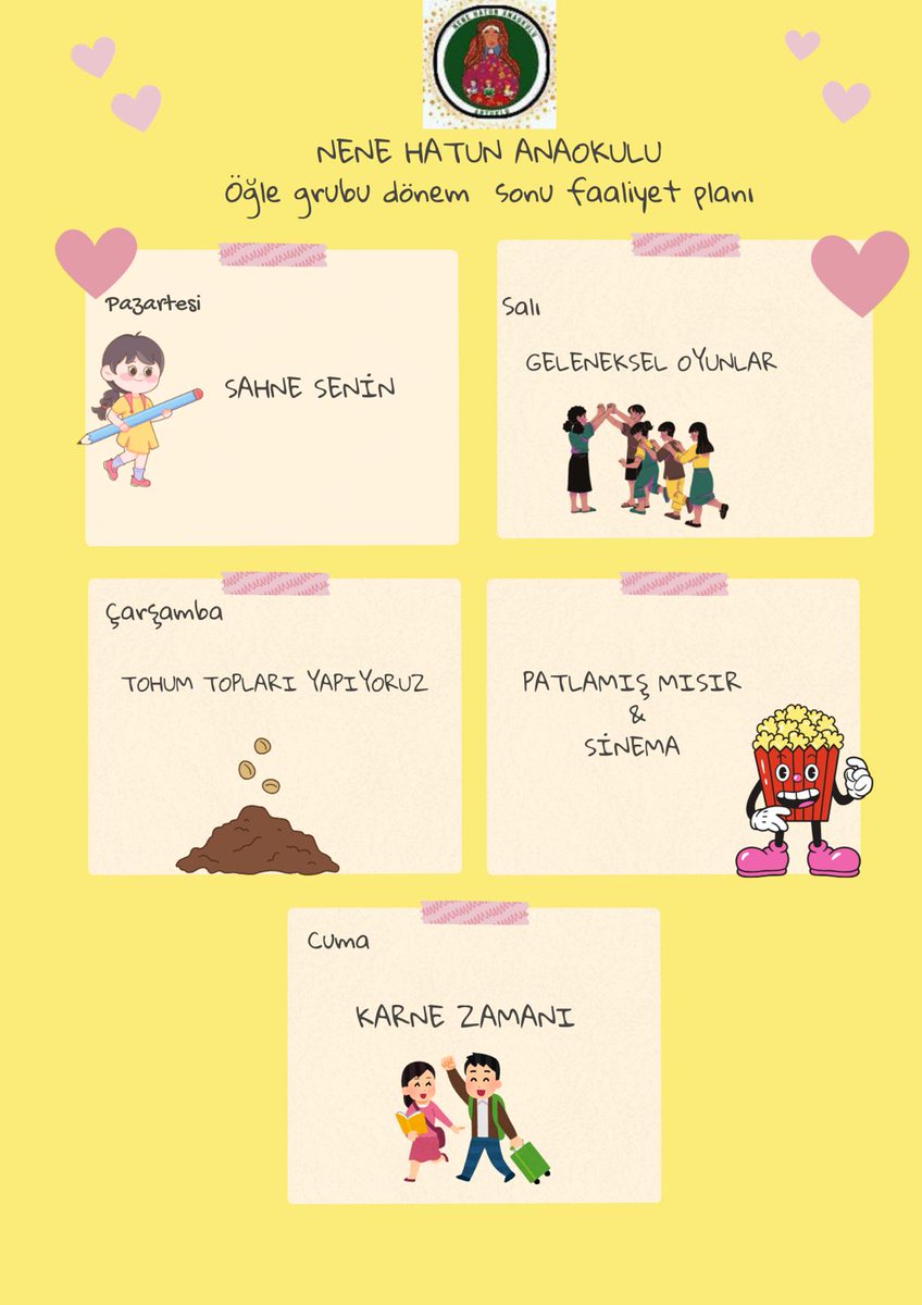 Dönem Sonu Faaliyet Haftası Planımız. 👏🎶🎬💫
<a href="/ali_eyyupkoca/">Ali Eyyupkoca</a> <a href="/SuleymnAKIN/">Süleyman AKIN🇹🇷</a> <a href="/mehmeteminduya1/">Mehmet Emin DUYAN</a> <a href="/SabahattinSmer2/">Sabahattin Sümer</a> <a href="/maliaz2/">m.aliaz</a> <a href="/makdag47/">Makdag</a> <a href="/MesutCoskun7902/">Mesut Coşkun</a> <a href="/Hidirbekdas/">Hıdır</a> <a href="/Kmimzeyn/">Şeyhdavut Kösesoy</a> <a href="/Tekinoruc1/">Tekin Oruç / Şehir-Yaşam-Memleket ve Hak Sevdalısı</a>