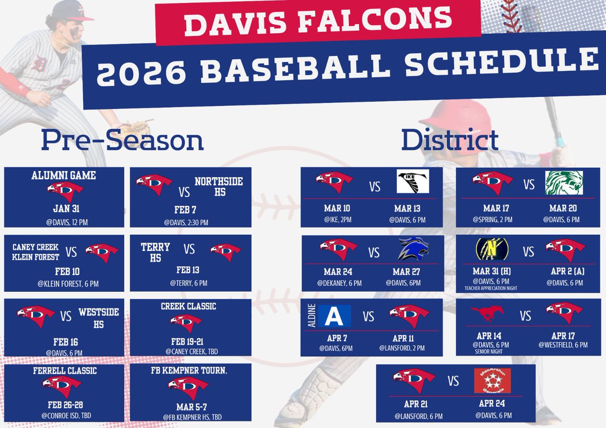 _davisbaseball's tweet image. Falcons 2026 varsity baseball schedule is live — ready to watch the grind? ⚾️ Support the team on the diamond! #GRIND #RowTheBoat @AldineSports @DavisHS_AISD