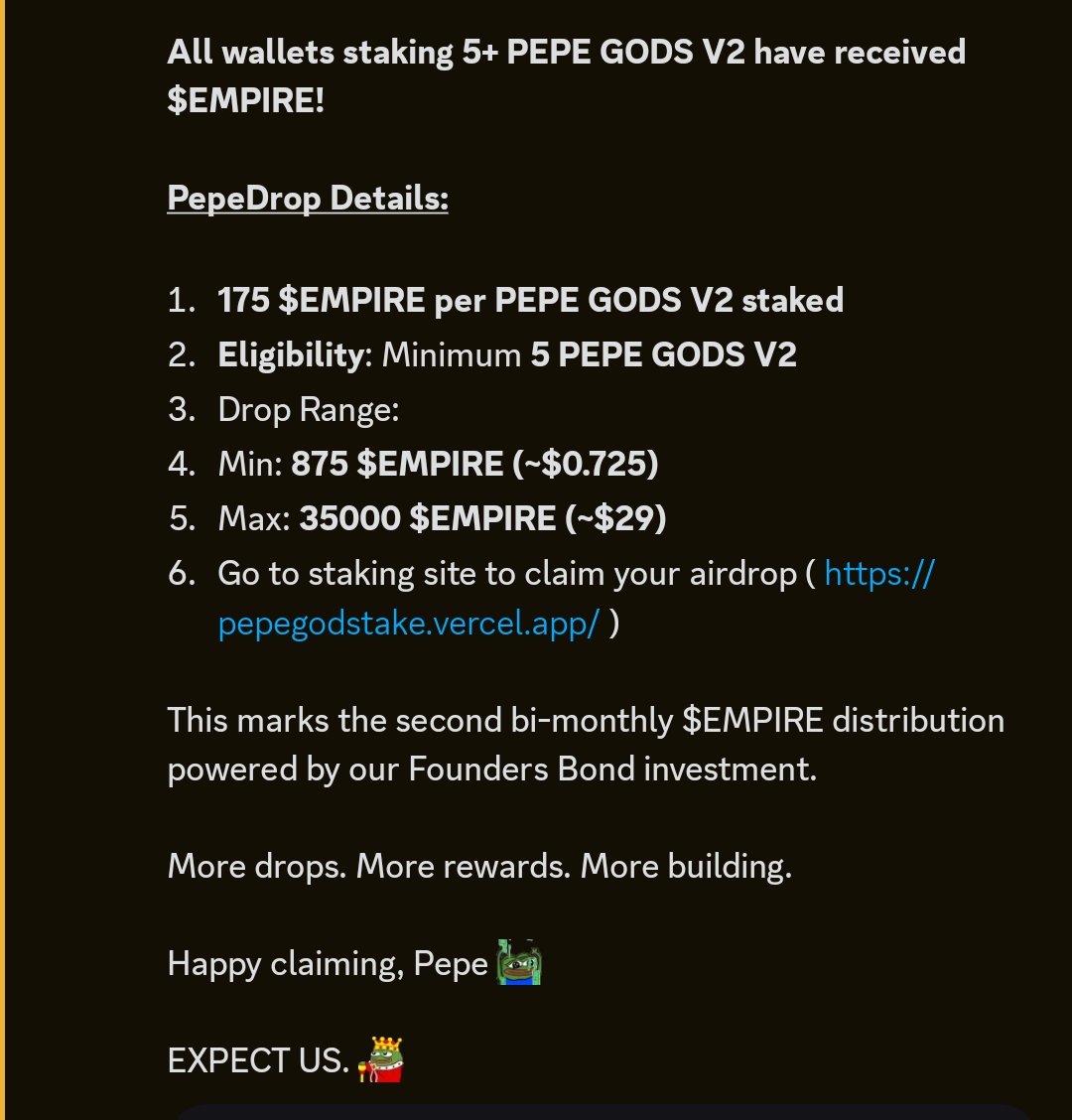 PepeGodsSol's tweet image. There goes our 2nd $EMPIRE by @Omerta_SOL airdrop. All 5+ Pepe Gods V2 have received their bi-monthly airdrop which ranges between 875 to 35000 $EMPIRE! Btw, this is on top of the daily $LDZ earnings. 

Still fading us anon?