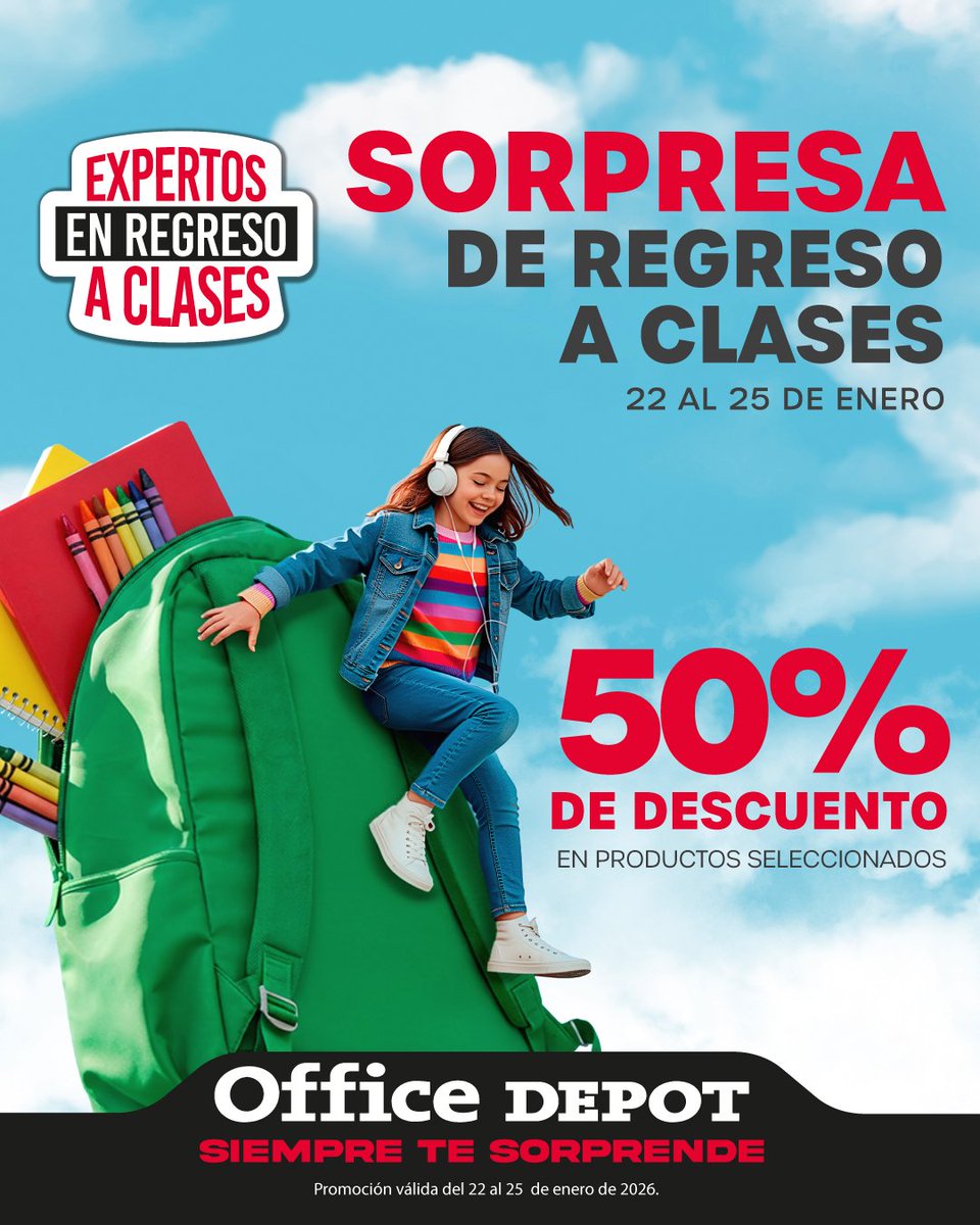 ✨🎒 ¡Sorpresa de Regreso a Clases en Office Depot! ✨🎒
📚✏️ Aprovecha hasta 50% de descuento en productos seleccionados. 
Compra en tienda o en officedepot.com.gt
#OfficeDepotSiempreTeSorprende
Válido del 22 al 25 de enero de 2026.