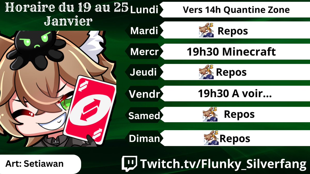 🗓️Le Petit Horaire de la Semaine 🦊💚

Des Stream Sauvage peuve apparaitre pendant la Semaine ! 👀