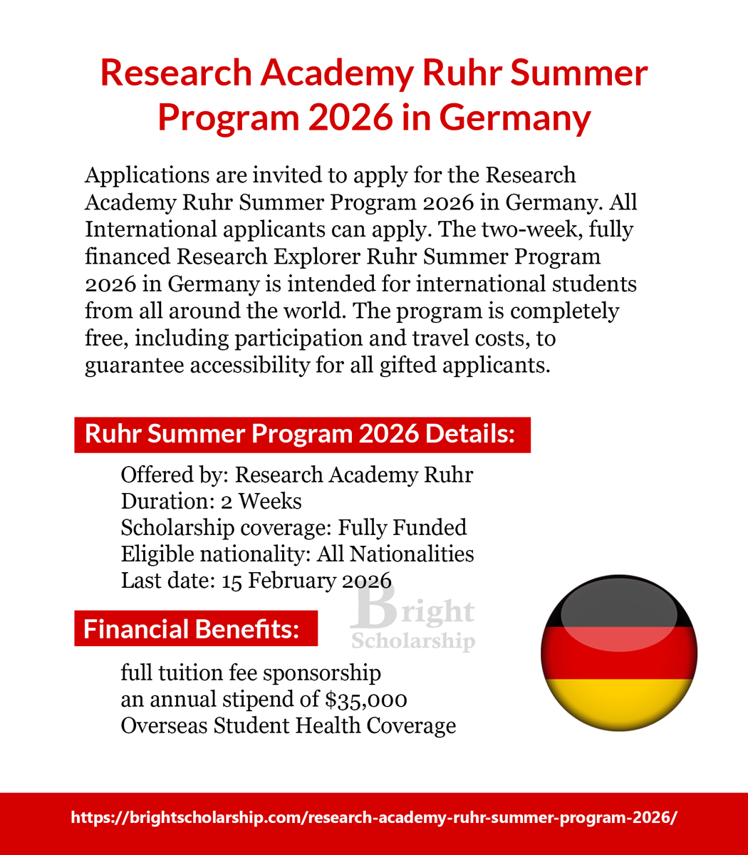 BrightSship's tweet image. Research Academy Ruhr Summer Program 2026 in Germany (Fully Funded)

Duration: 2 Weeks
Eligible nationality: All Nationalities
Award Country: Germany
Last date: 15 February 2026

Apply Link: brightscholarship.com/research-acade…

#BrightScholarship #FullyFunded #SummerProgram #Germany