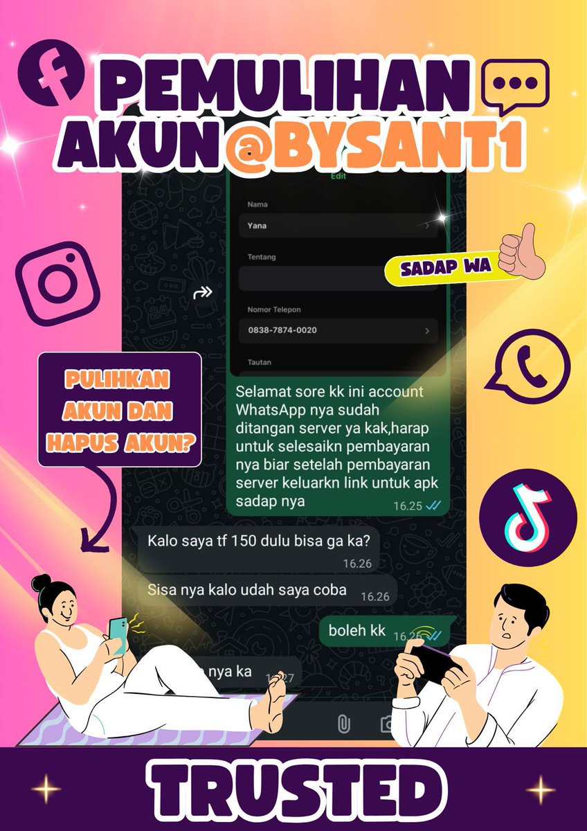 _evesite's tweet image. JASA ❕❕
PEMULIHAN AKUN DAN HAPUS AKUN

🌸&amp;gt;JASA HAPUS AKUN 
🌸&amp;gt;PULIHKAN BALIKIN AKUN LUPA PASWORD/KE HACK
🌸&amp;gt;JASA LACAK LOKASI
🌸&amp;gt;SADAP WA
🌸&amp;gt;LACAK HP HILANG BY NO HP/IMEI
🌸&amp;gt;JASA HACK/PEMULIHAN AKUN (EMAIL,IG,WA,TWITER/X, FB,TIKTOK)

FAST RESPON WA