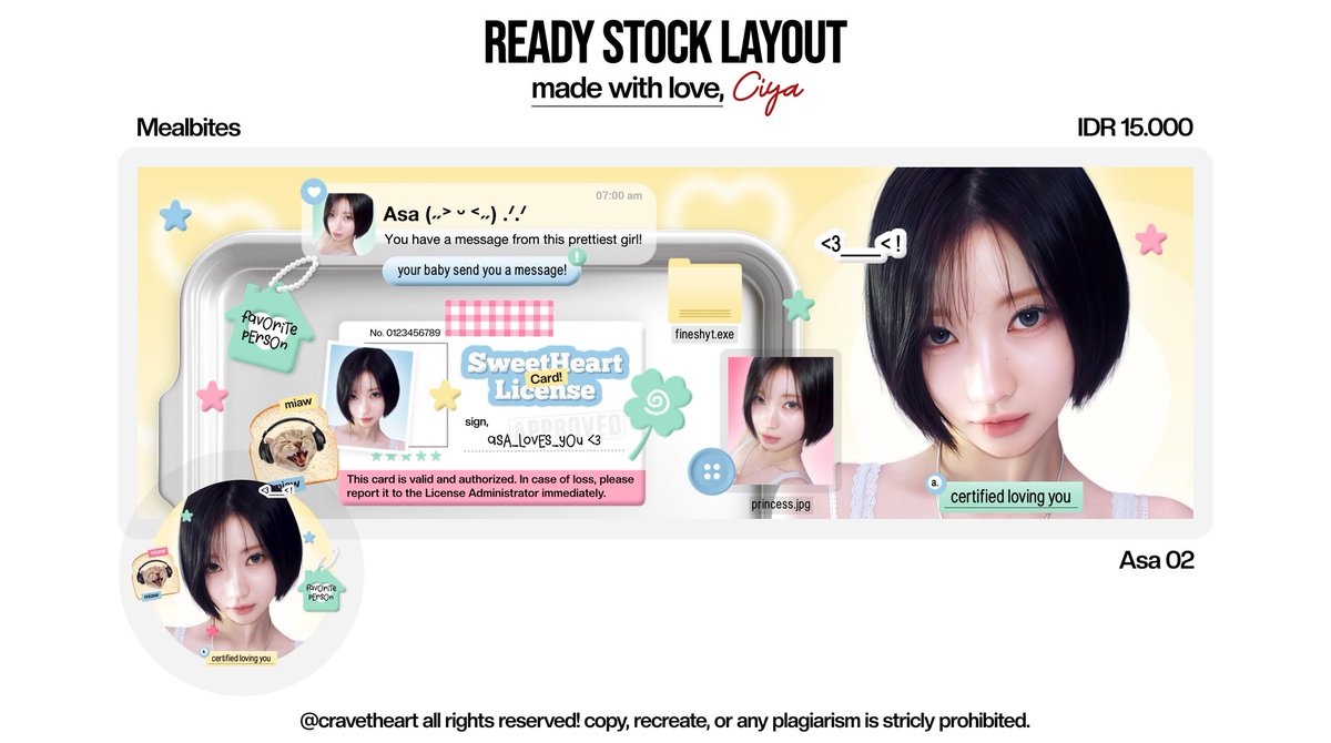 cravetheart's tweet image. help repost guys? thank u! ‹𝟹

ada 28 layout ready stock dari katalog "Mealbites" nih! (scroll ke bawah untuk lengkapnya) :3

list chara asa, yuha, isa, yujin, younjung, jiwoo, wonyoung, gaeul, jeemin, ian &amp;amp; karina 💗

15k/each free retext, BUY 2 GET 1 FREE! 🫶🏻

#zonauang