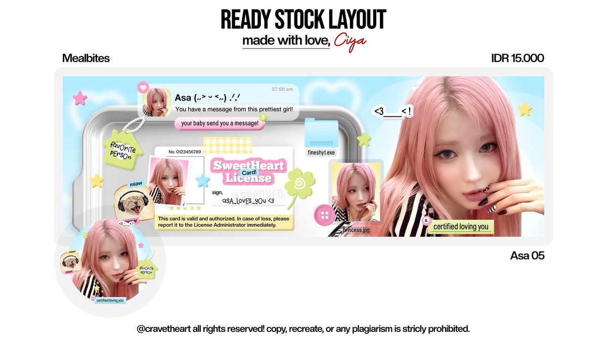 cravetheart's tweet image. help repost guys? thank u! ‹𝟹

ada 28 layout ready stock dari katalog "Mealbites" nih! (scroll ke bawah untuk lengkapnya) :3

list chara asa, yuha, isa, yujin, younjung, jiwoo, wonyoung, gaeul, jeemin, ian &amp;amp; karina 💗

15k/each free retext, BUY 2 GET 1 FREE! 🫶🏻

#zonauang